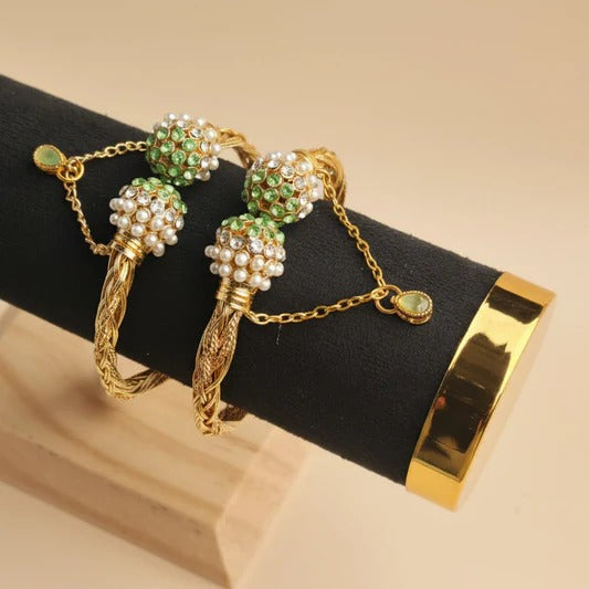 CH-63 - Luxury White Pearl & Green Diamond Gold - Bangle Set Of 2