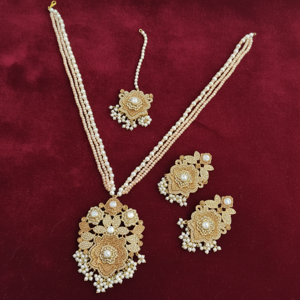 PJ-170 - Luxury Pearl & Diamonds Mala - Jewelry Set Style 5