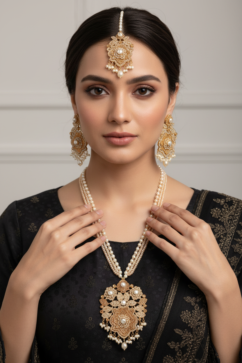 PJ-170 - Luxury Pearl & Diamonds Mala - Jewelry Set Style 5