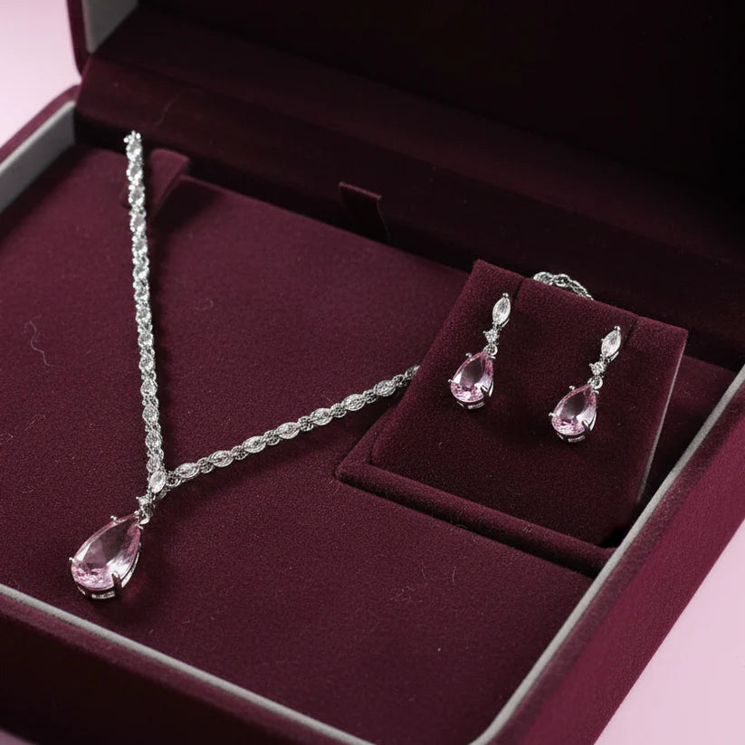 PJ-133 - Crystal Pink Natural Stone Rain Drop Diamonds Silver - Jewelry Set Of 2
