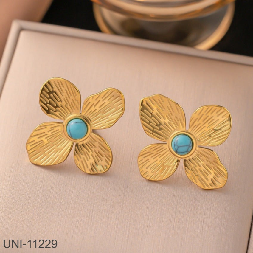 UNI-11230 - Turquoise Stone Gold Flower - Earring