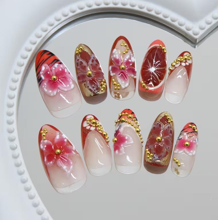 N-428-1 - Gold Foil Pink Floral Shiny- Press On Nail Set Of 24 - Free 24 Pcs Sticker Sheet Included
