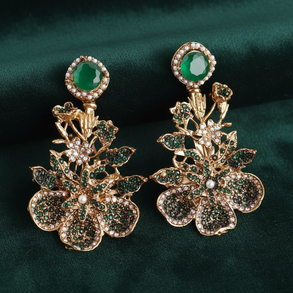 PJ-143 - Emerald Green Diamonds Flower Vintage Gold - Earring