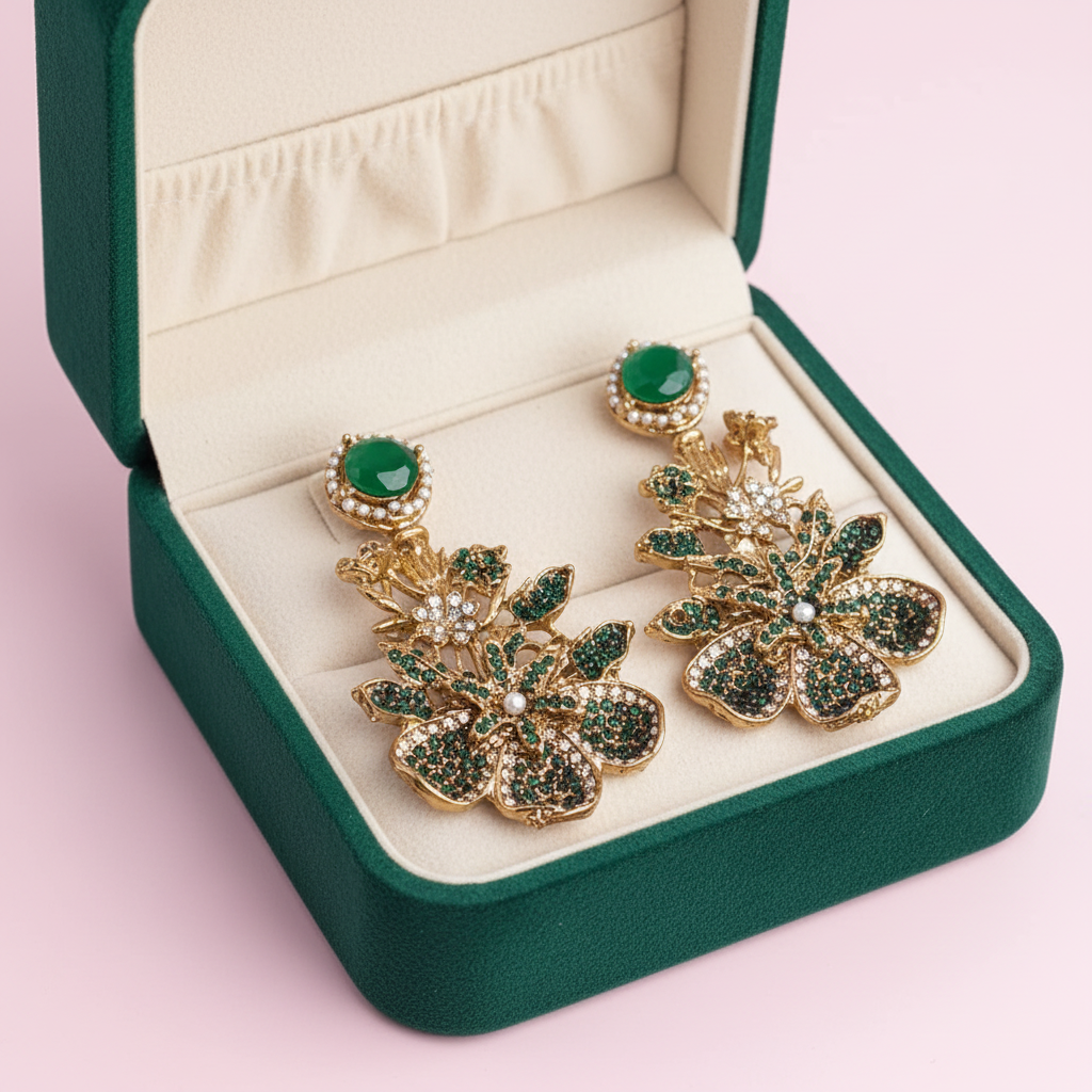 PJ-143 - Emerald Green Diamonds Flower Vintage Gold - Earring