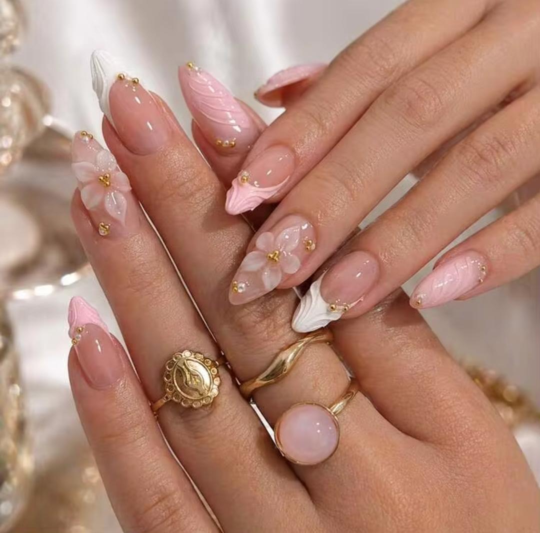 N-452-1 - Pink & White Flowers Shiny - Press On Nail Set Of 24 - Free 24 Pcs Sticker Sheet Included