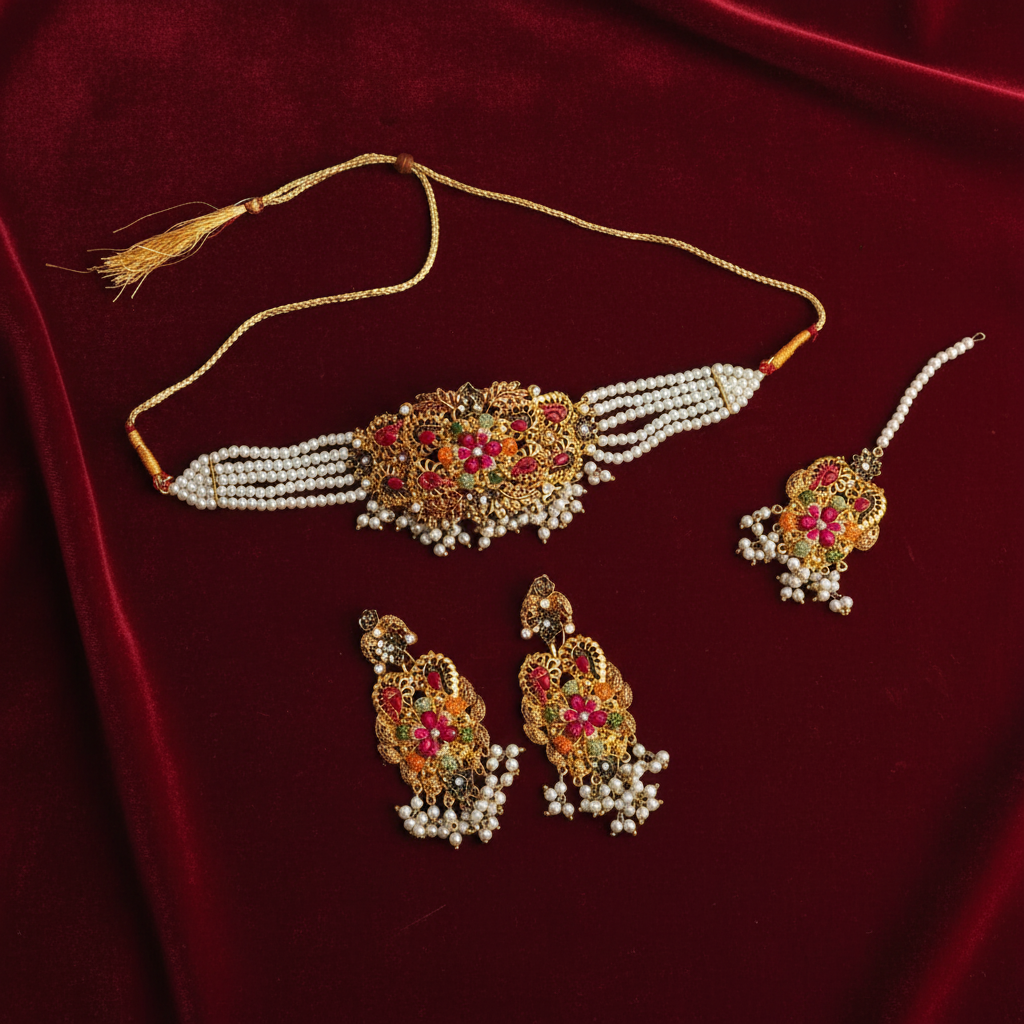 PJ-206 - Pink Diamonds Gold Mala - Jewelry Set
