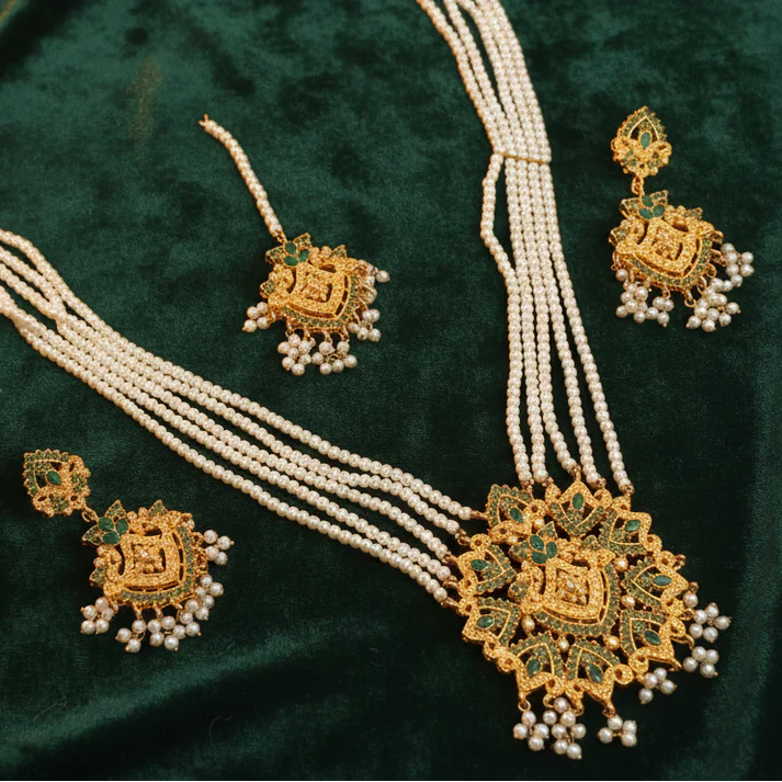 PJ-140 - Luxury Pearls & Diamonds Gold Mala Set - Jewelry Set