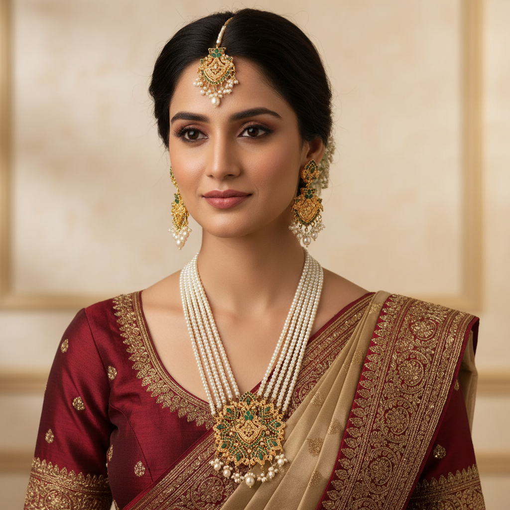 PJ-140 - Luxury Pearls & Diamonds Gold Mala Set - Jewelry Set