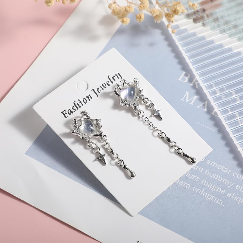 UNI-11204-1 - White Heart Silver Stars Sparkle - Earring