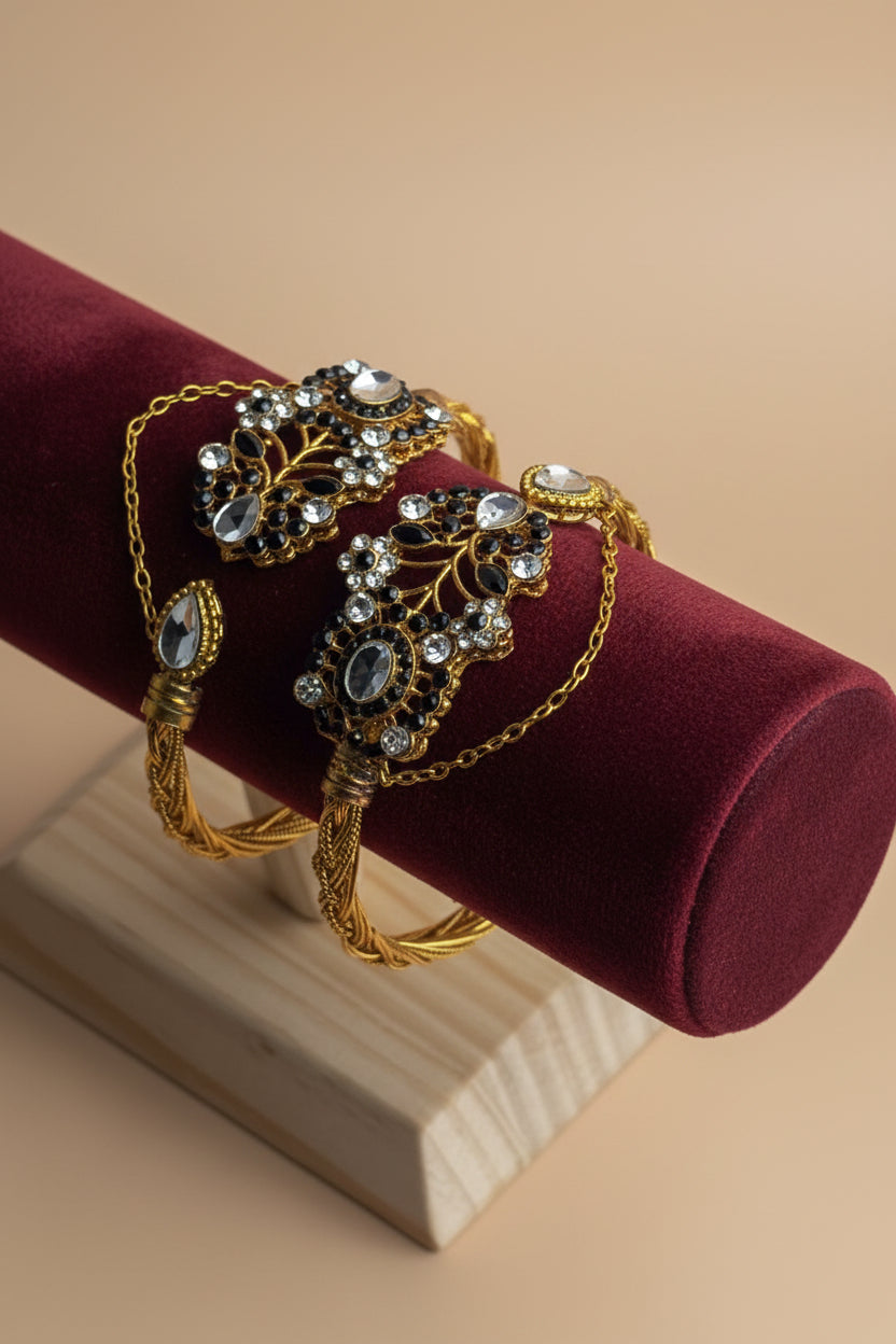 CH-81 - Black & White Diamonds Gold - Bangle Set Of 2