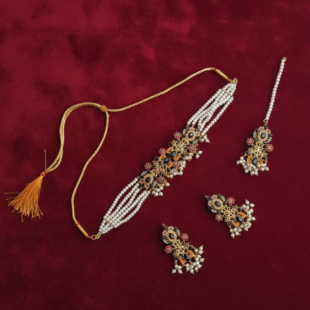 PJ-151 - Black & Gold Mala - Jewelry Set