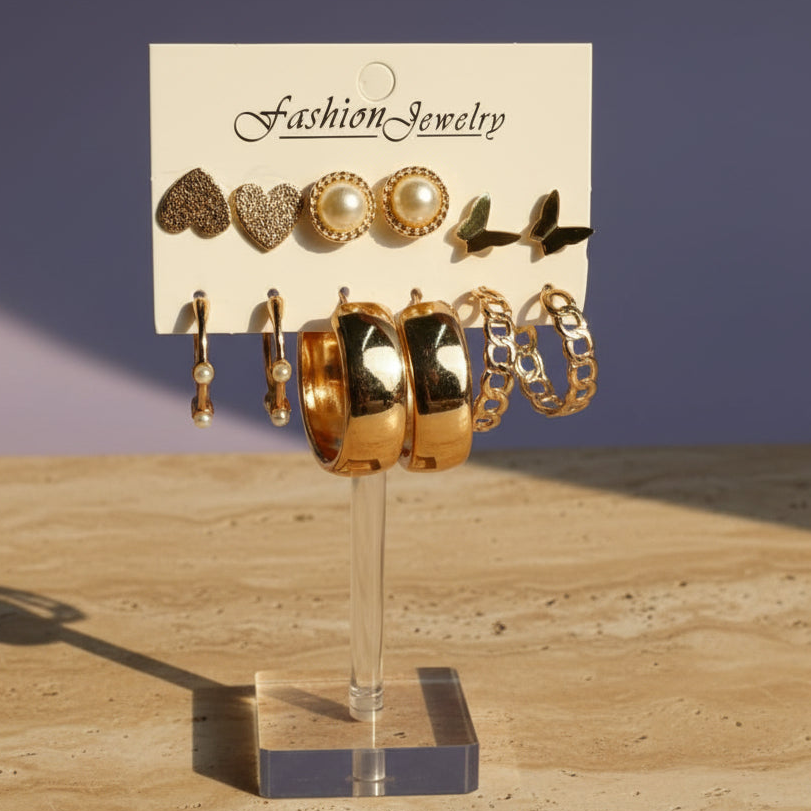 UNI-11181-5 - Pearl & Gold Hoop - Earrings Set Style 5