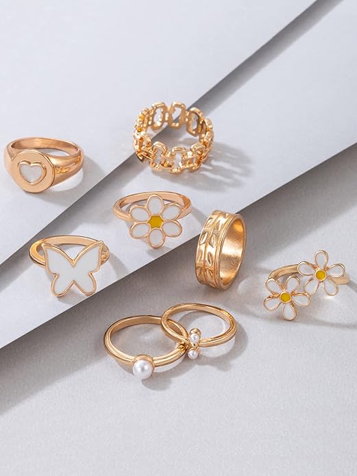 UNI-10771-4 - White Color Gold Daisy Flower & Butterfly - Ring Set Of 8
