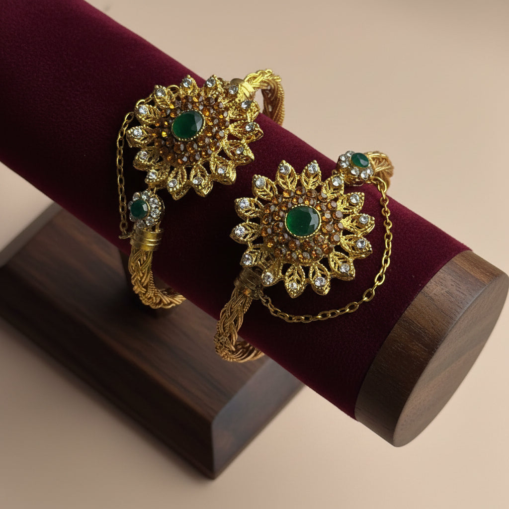 CH-90 - Luxury Diamonds Flower Gold - Bangle Set Of 2 Style 6
