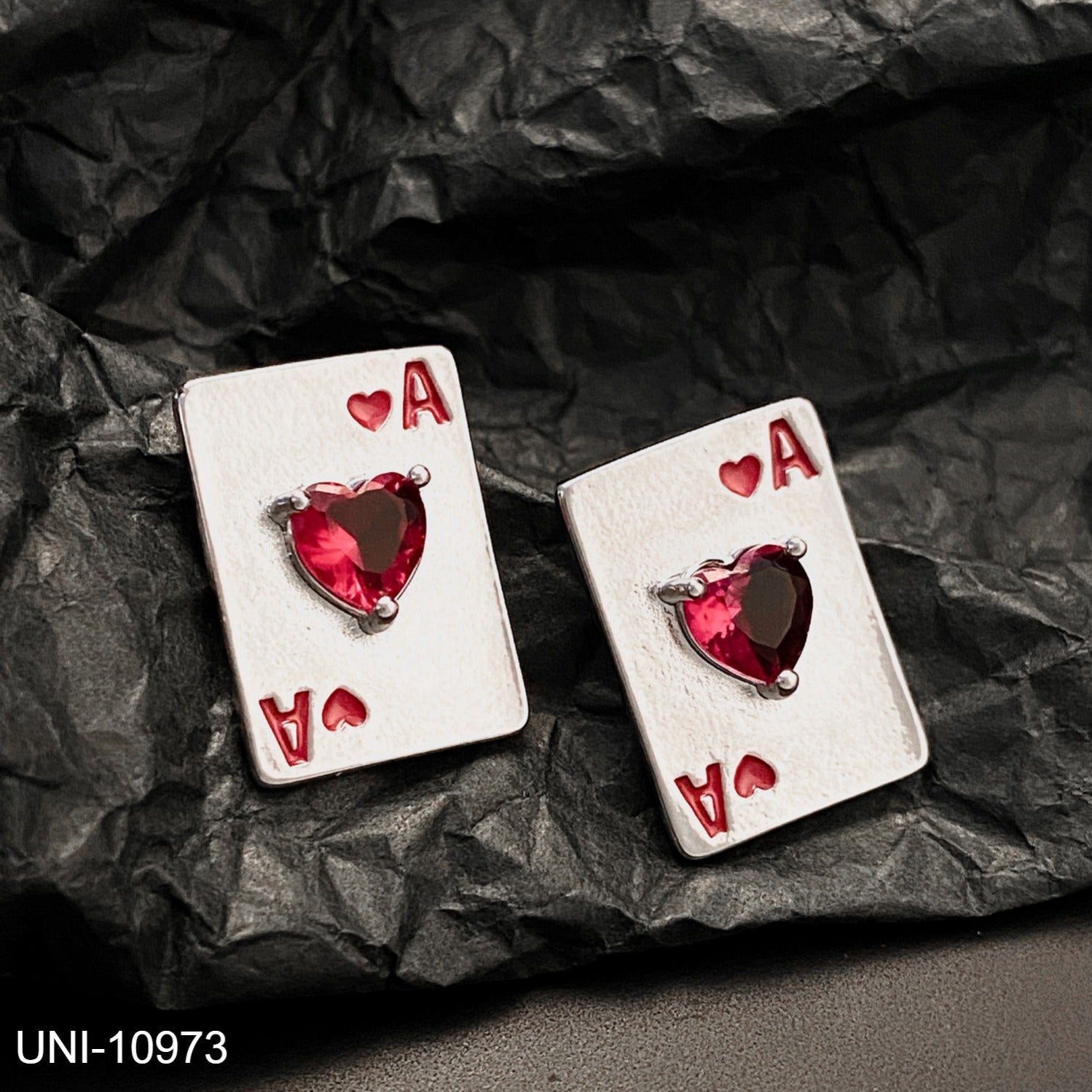 UNI-10973 - Ace Of Spade Red Diamond & White - Earring