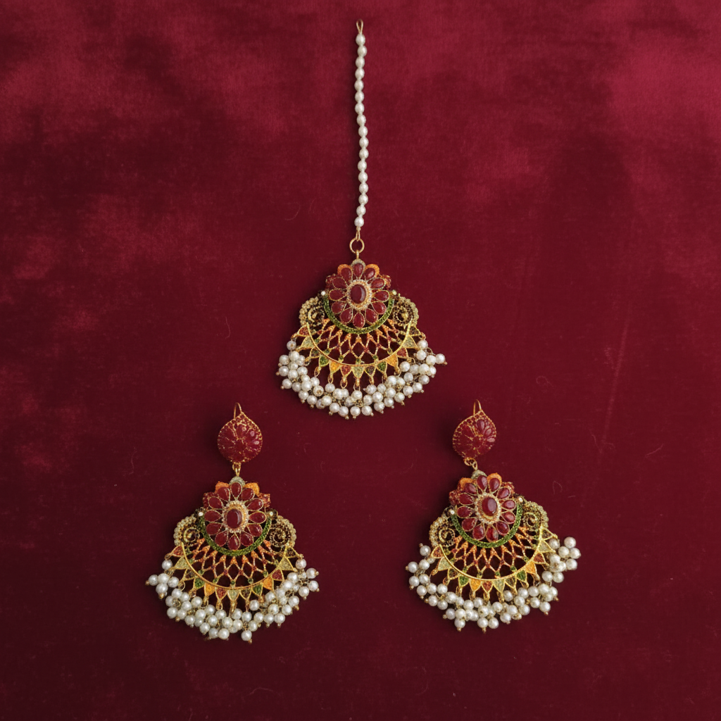 PJ-163 - Luxury Pearls & Maroon Diamonds Gold - Jewelry Set