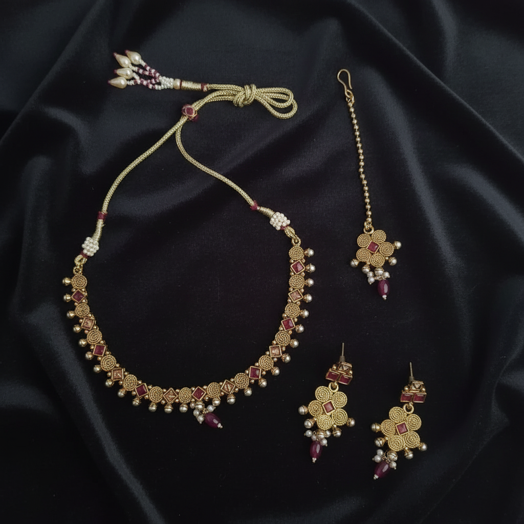 PJ-126 - Premium Gold Maroon Pearl & Diamonds Flowers - Jewelry Set