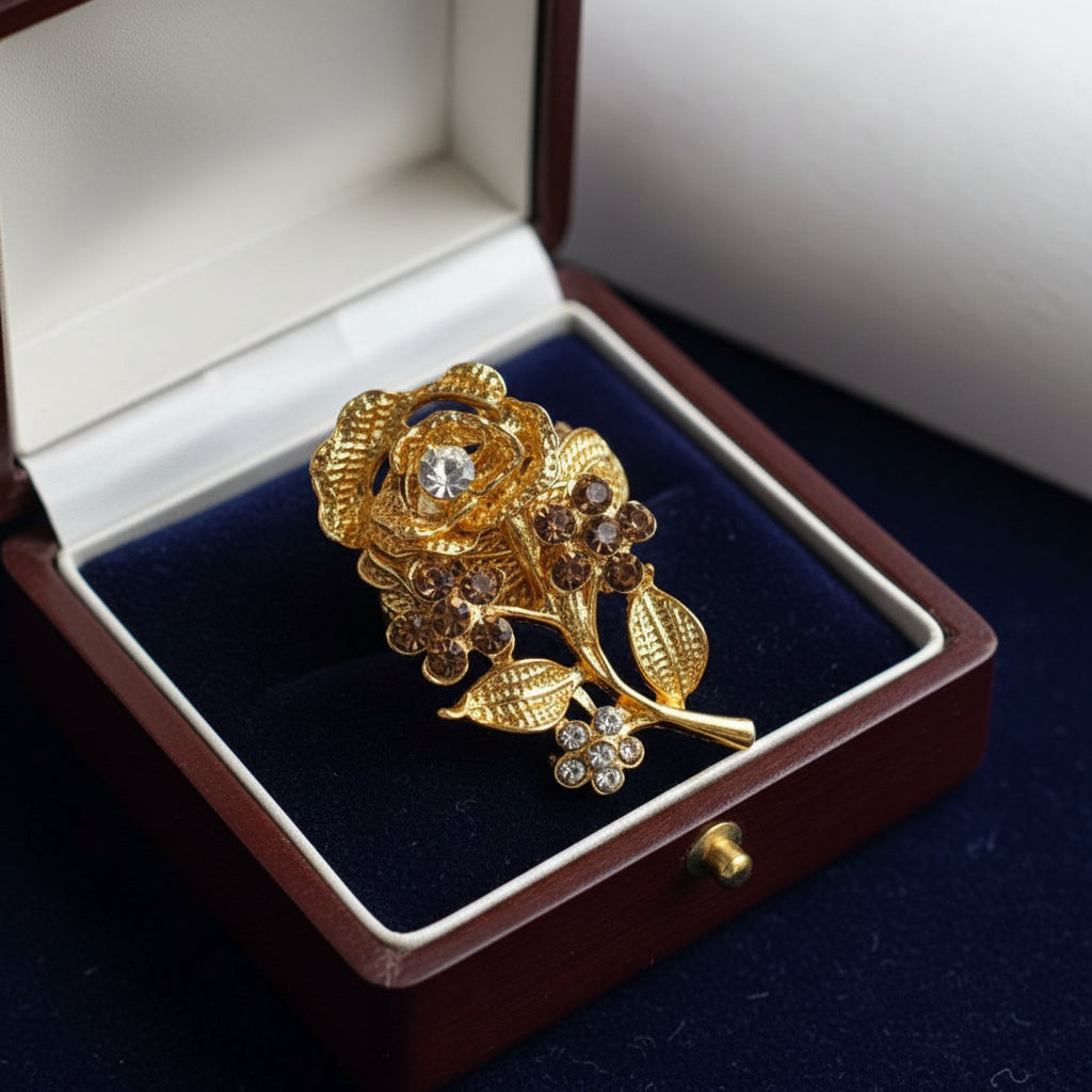 R-114 - Gold Rose Flower Diamonds - Ring