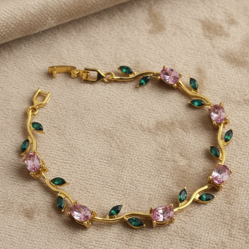 UNI-12204 - Viral Tulip Pink & Green Diamonds Gold - Bracelet