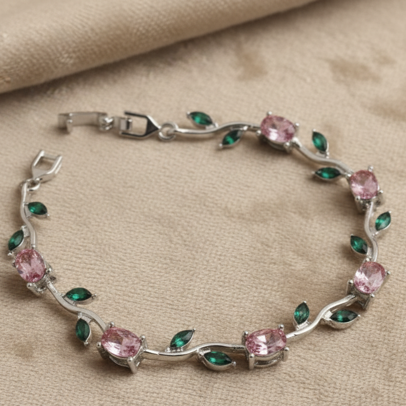 UNI-12205 - Viral Tulip Pink & Green Diamonds Silver - Bracelet