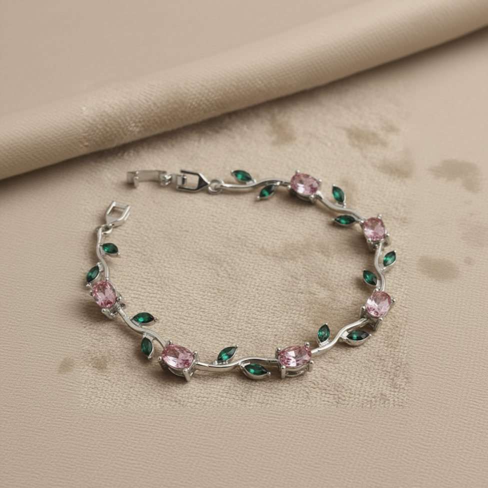 UNI-12205 - Viral Tulip Pink & Green Diamonds Silver - Bracelet