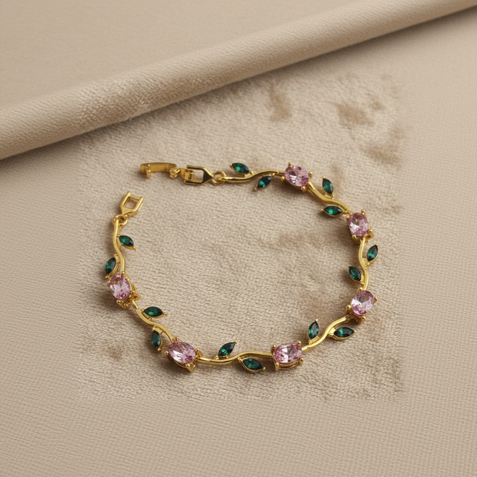 UNI-12204 - Viral Tulip Pink & Green Diamonds Gold - Bracelet