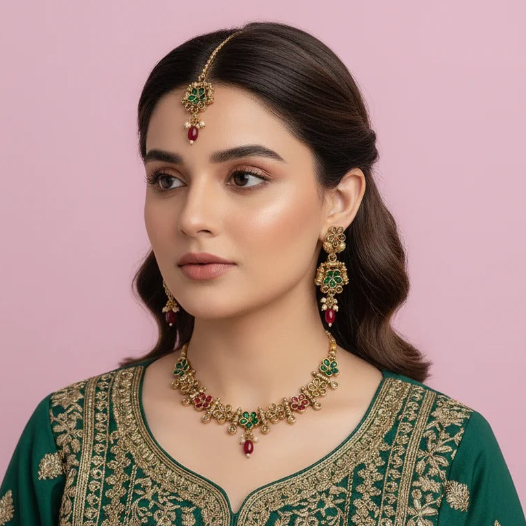 PJ-122 - Premium Gold Pearl & Diamond Flowers Jewelry Set