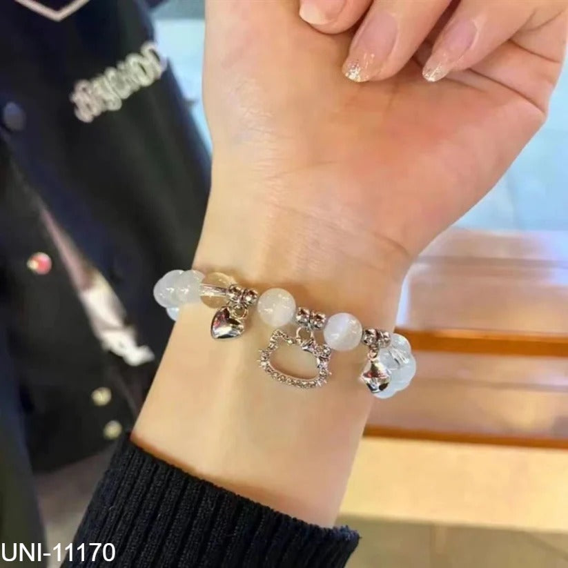 UNI-11170 - White Stone & Cat Face Charm - Bracelet