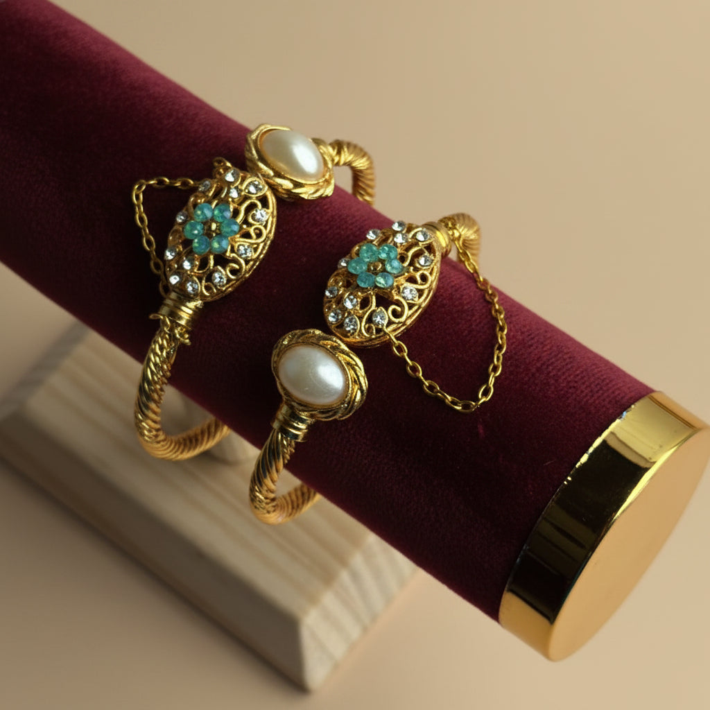 CH-75 - Mint Green & White Diamond Gold - Bangle Set Of 2