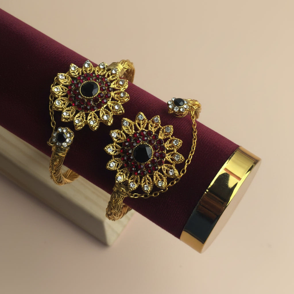 CH-85 - Luxury Diamonds Flower Gold - Bangle Set Of 2 Style 1