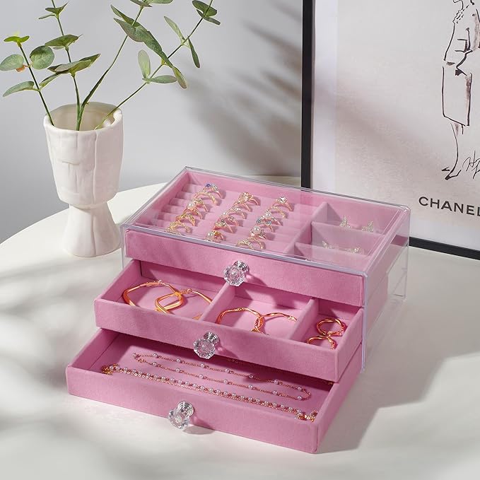 JJ - 11030 - Pink Velvet Large - 3 Dryer Jewelry Organizer