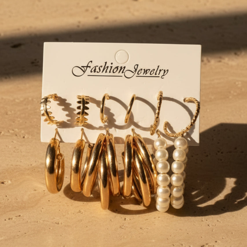 UNI-11181-4 - Pearl & Gold Hoop - Earrings Set Style 4
