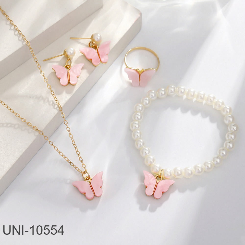 UNI-10554 - Pink Butterfly Pearl Gold - Jewelry Set