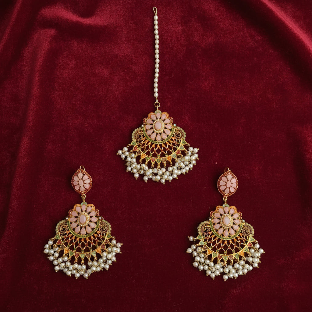 PJ-162 - Luxury Pearls & Pink Diamonds Gold - Jewelry Set