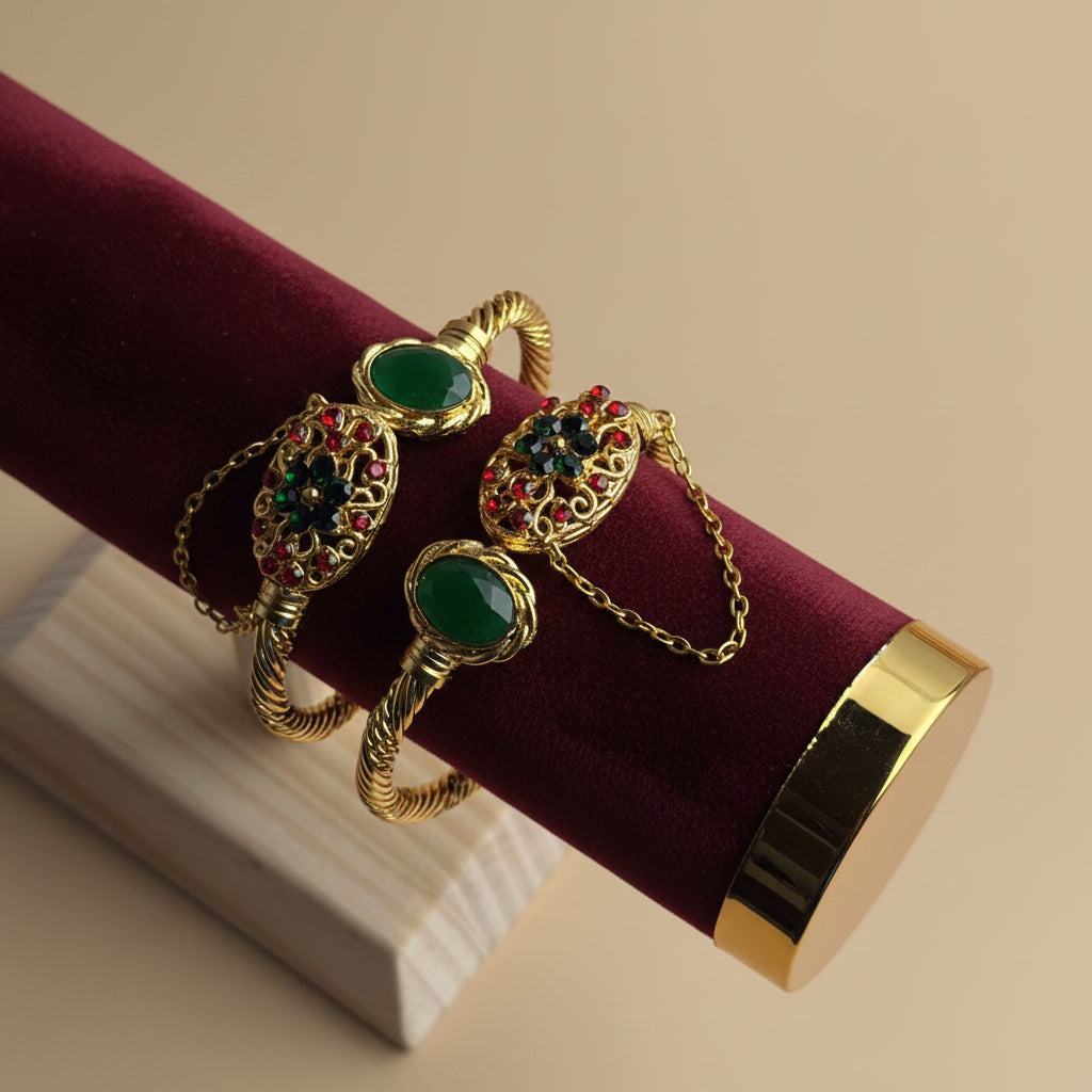 CH-77 - Green & Red Diamonds Gold - Bangle Set Of 2