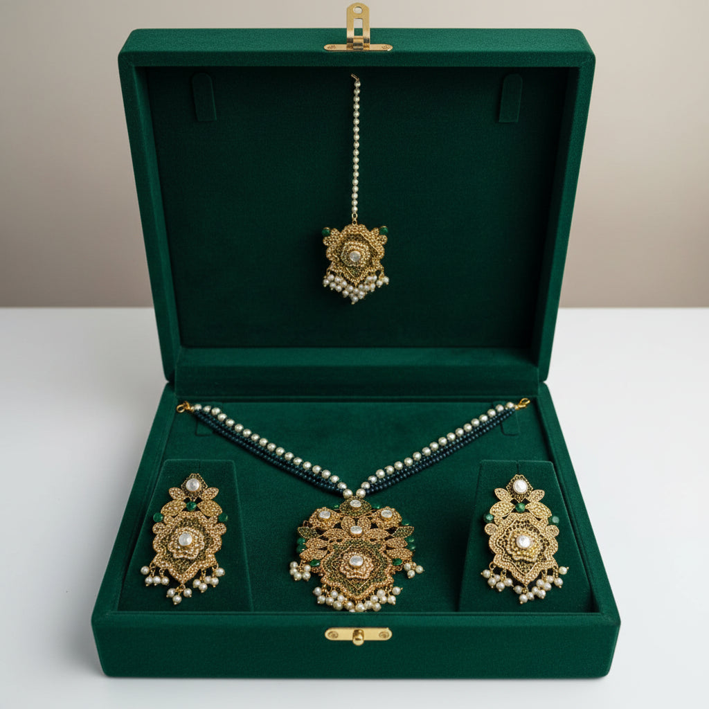 PJ-168- Lxury Pearl & Diamonds Mala - Jewelry Set Style 3