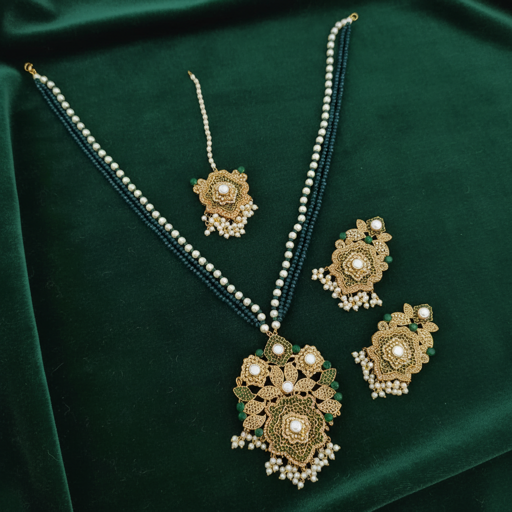 PJ-168- Lxury Pearl & Diamonds Mala - Jewelry Set Style 3