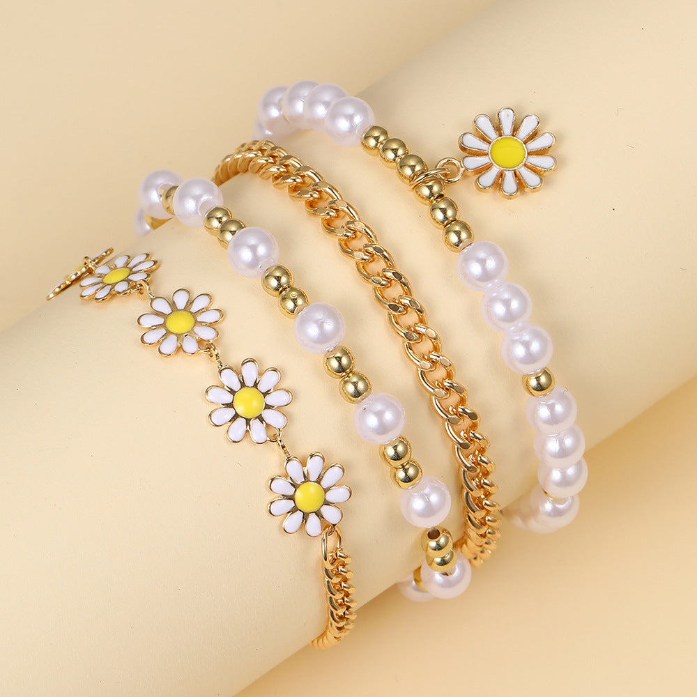 UNI-10604 - Daisy Flower & White Pearly - Bracelet Set of 4