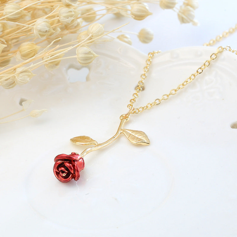 UNI-10498 - Gold & Red Rose Flower - Necklace