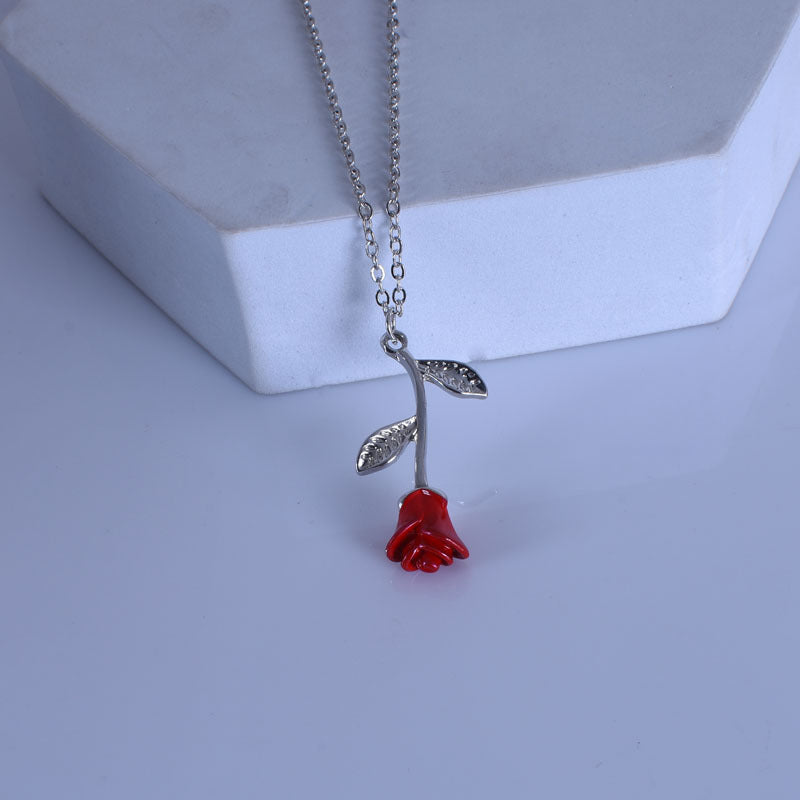 UNI-10499 - Silver & Red Rose Flower - Necklace