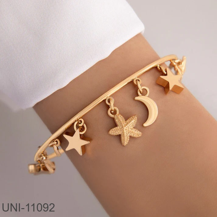 UNI-11092 - Moon & Star Charms Gold Bangle - Bracelet