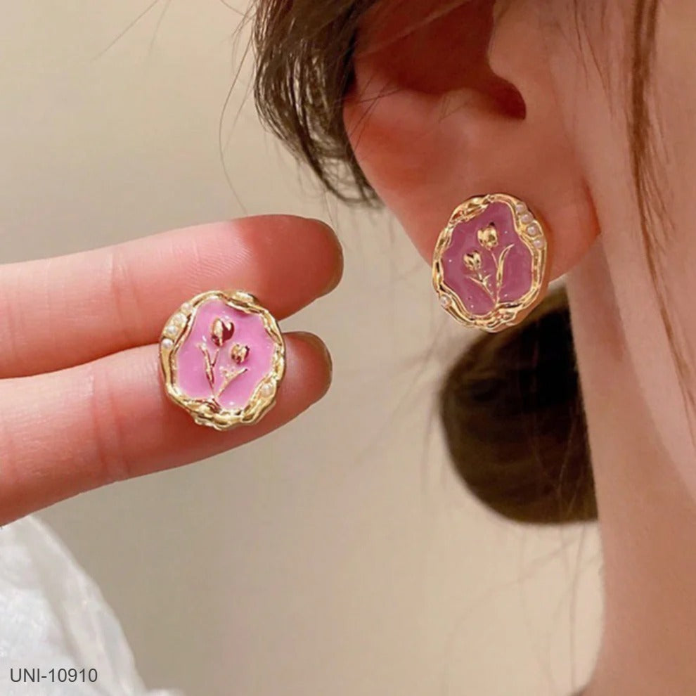 UNI-10910 - Pink Tulip Flower Gold - Earring