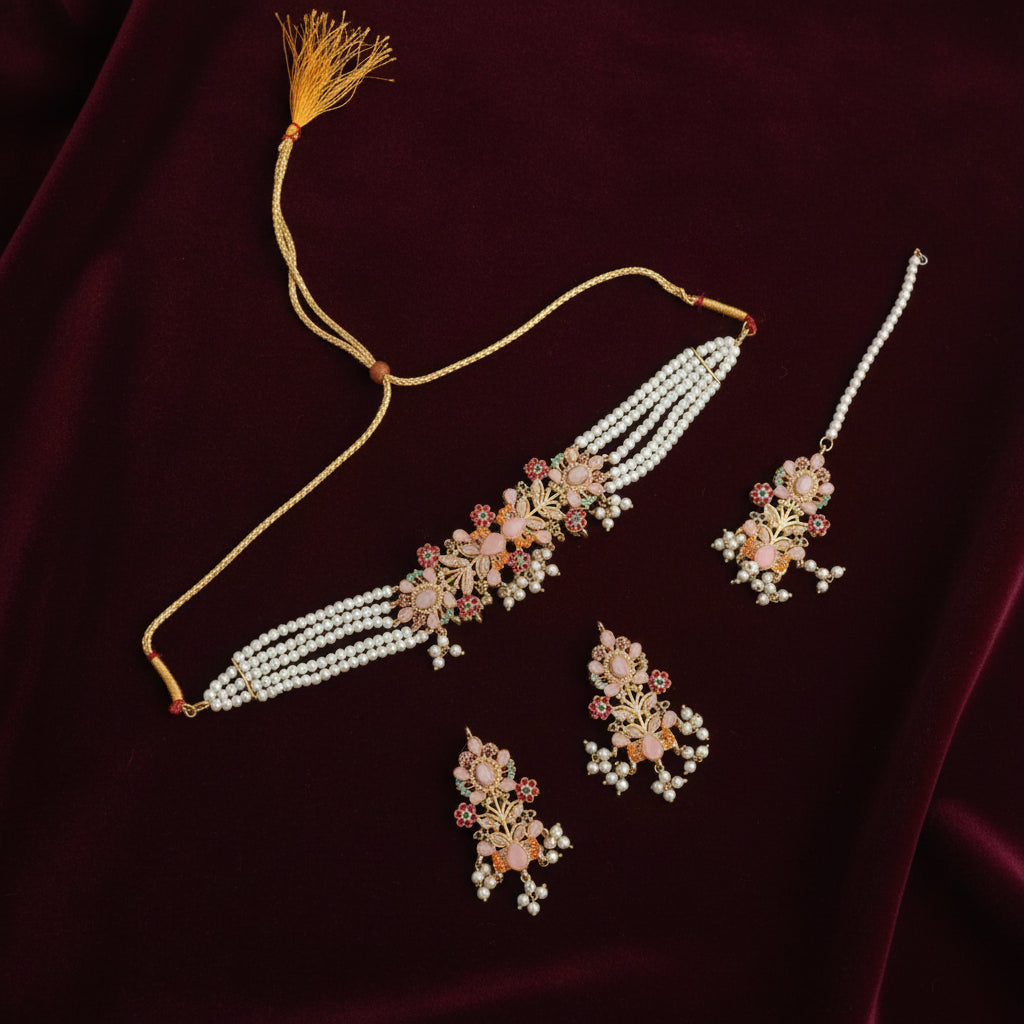 PJ-152 - Pink & Gold Mala - Jewelry Set