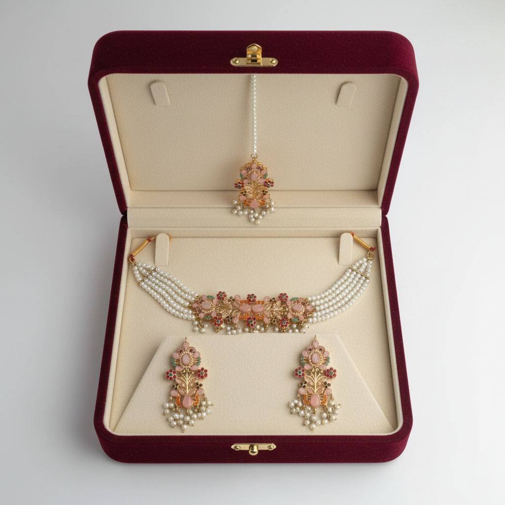 PJ-152 - Pink & Gold Mala - Jewelry Set