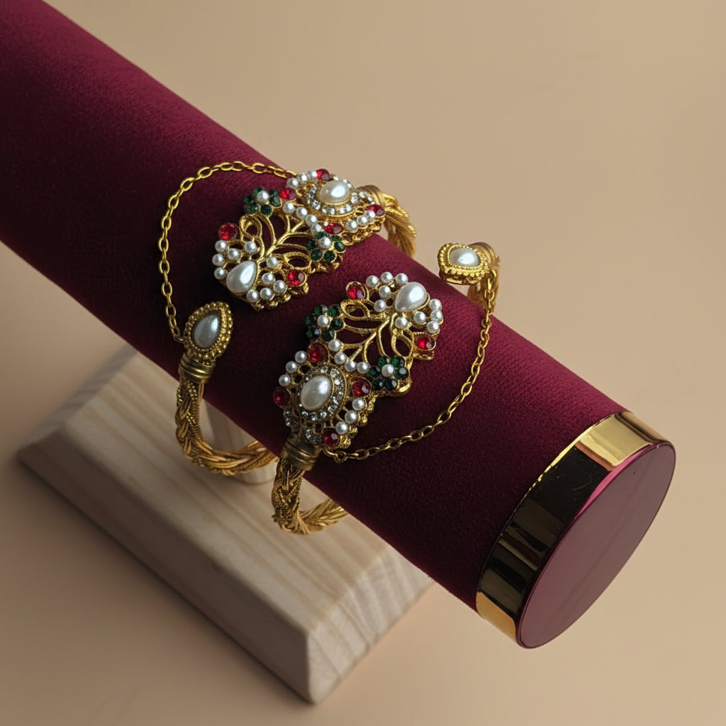 CH-82 - Pearl & Multi Diamonds Gold - Bangle Set Of 2