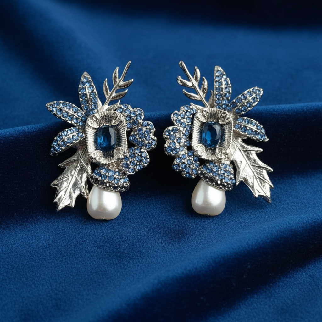 PJ-203 - Blue Flower Leaf Luxury Vintage Silver - Earring