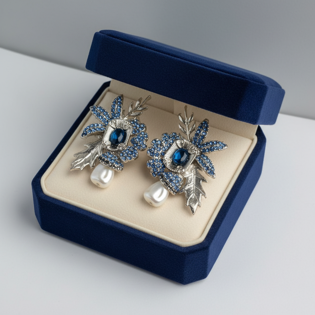 PJ-203 - Blue Flower Leaf Luxury Vintage Silver - Earring