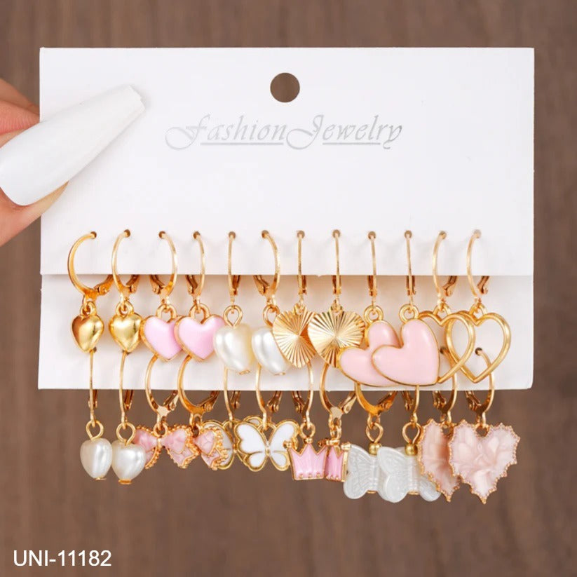 UNI-11182 - Pink Heart & Butterfly - Earrings Set Of 12