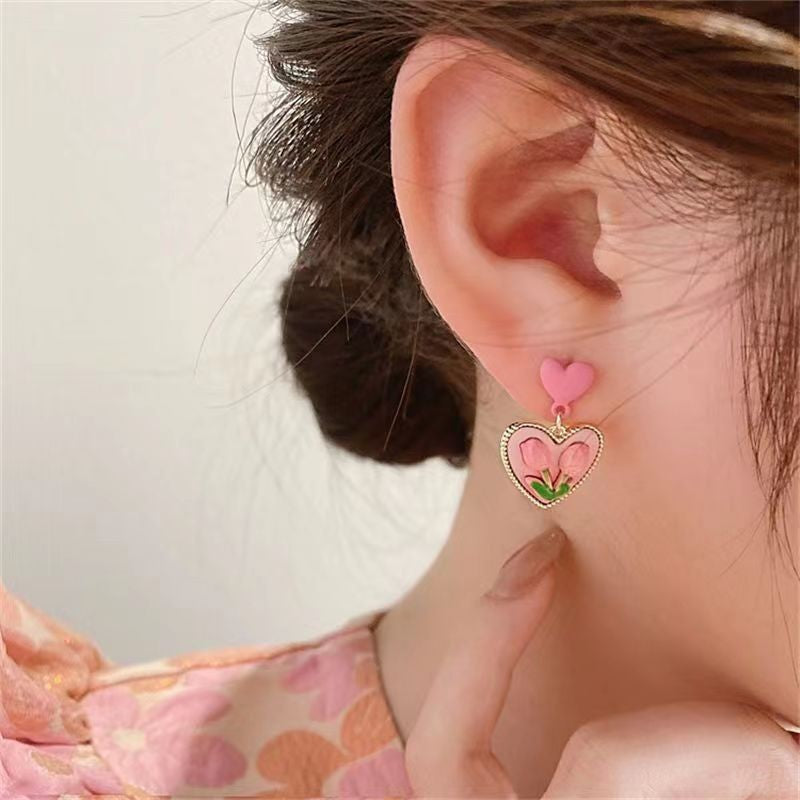 UNI-10893 - Pink Heart Flower - Earring