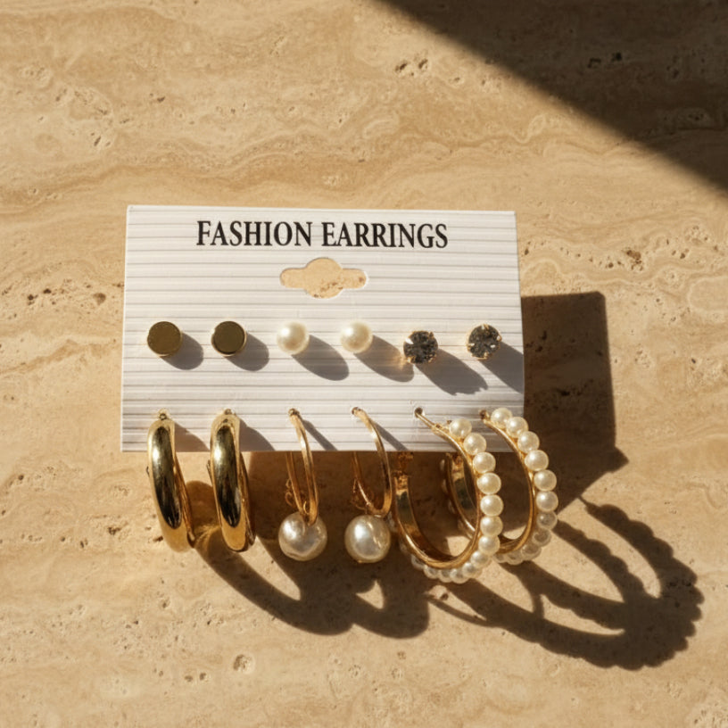 UNI-11181-3 - Pearl & Gold Hoop - Earrings Set Style 3